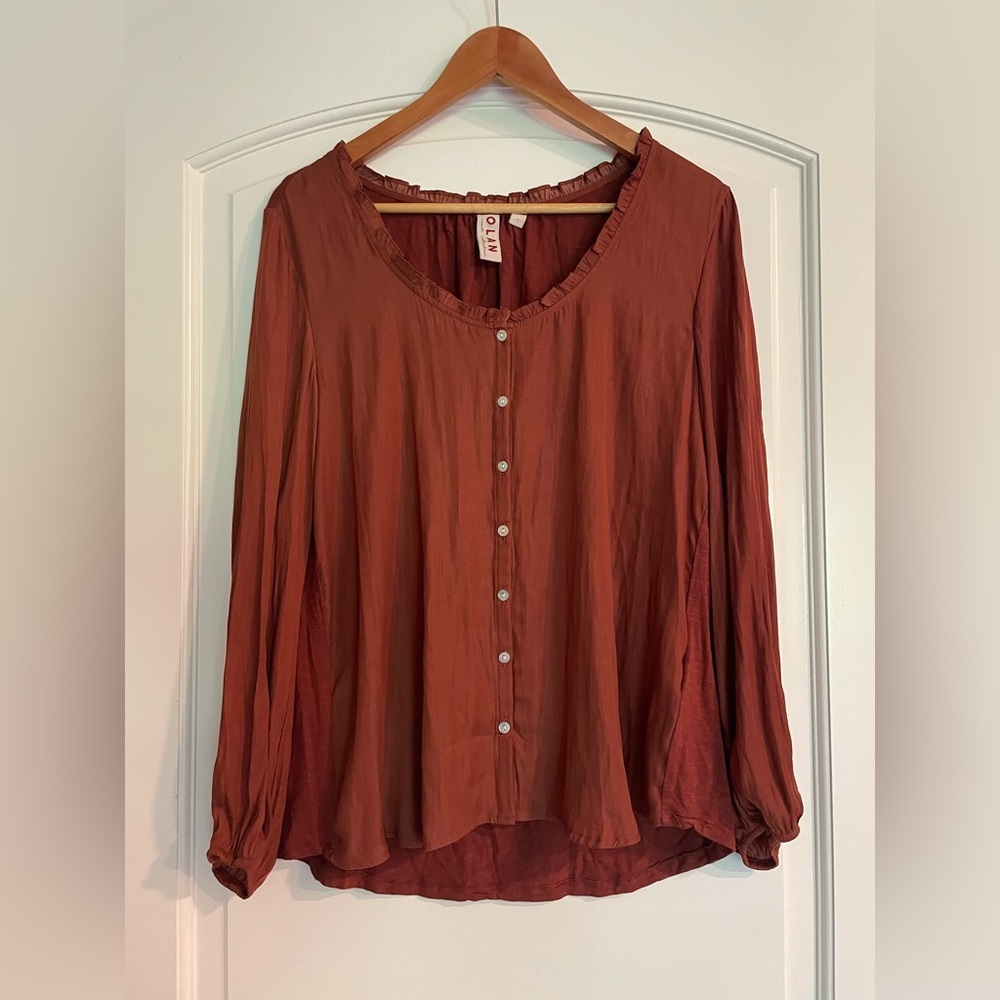 Dolan Left Coast Marilyn Burnt Orange Rust Button-Front Ruffle Neck Blouse